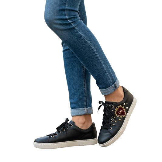 Dolce & Gabbana Leather Heart Logo Lace Up Low Top Sneakers
