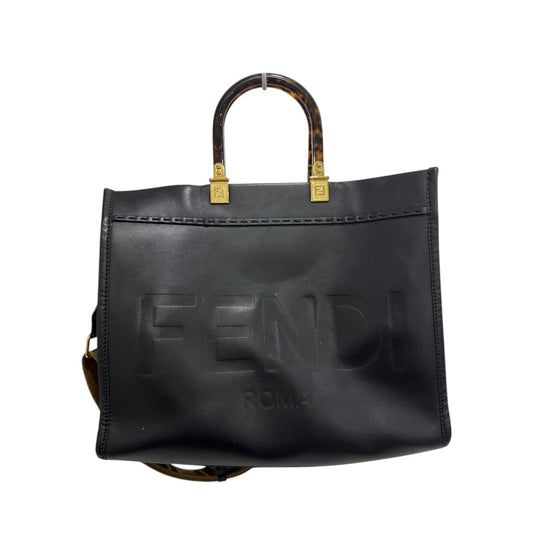 Fendi Calfskin Leather Logo Medium Sunshine Shopper Tote Bag Black