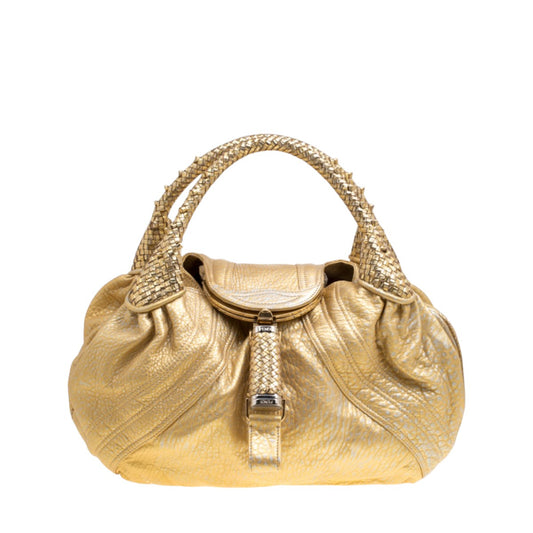 Fendi Metallic Gold Holographic Textured Leather Spy Handbag Woven Handle