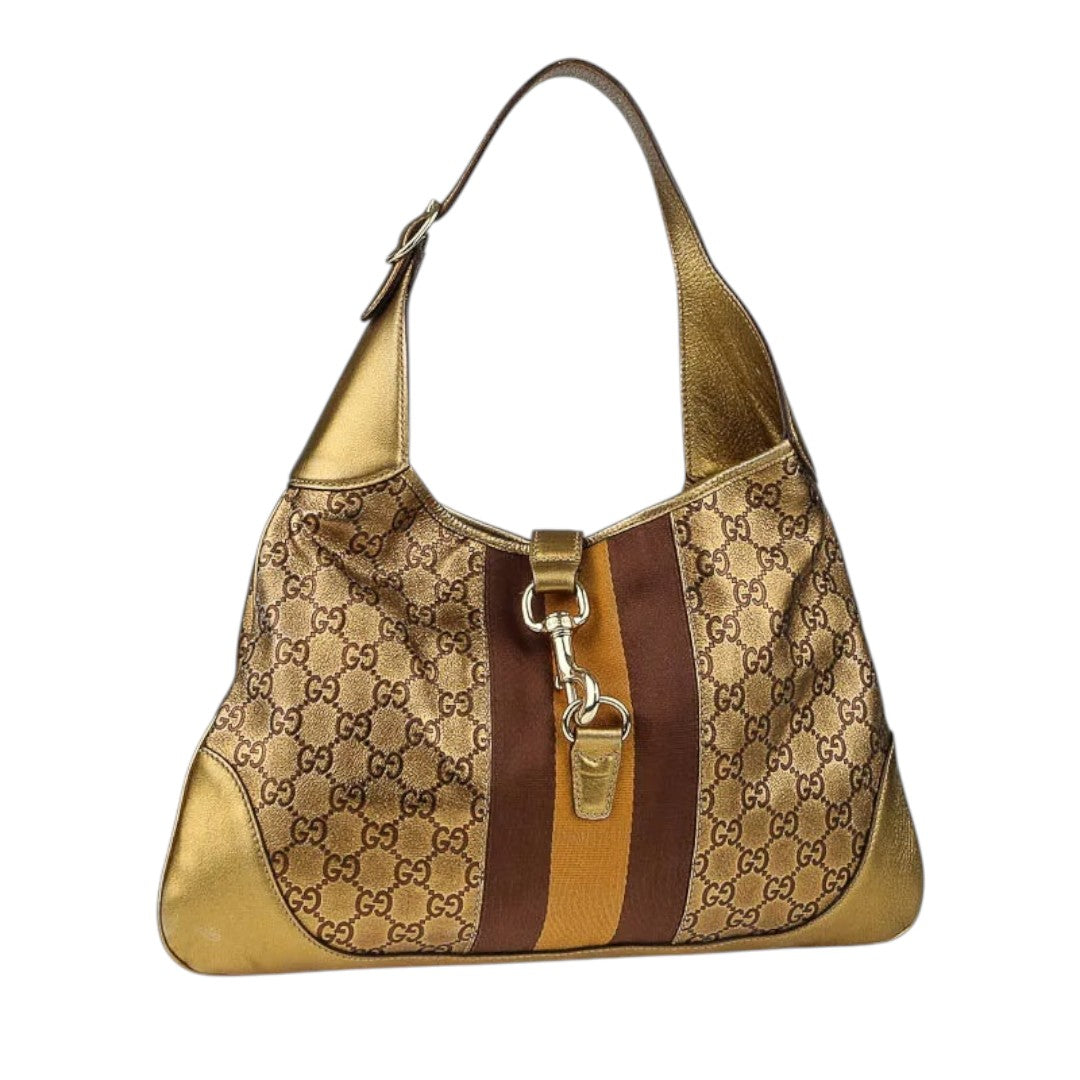 Gucci Leather Web Jackie O Bouvier Medium Hobo Shoulder Bag Gold Metallic