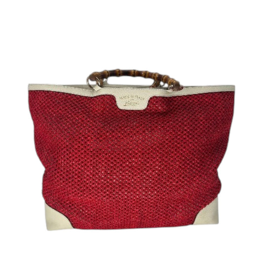 Gucci Raffia Straw Mesh Bamboo Handle Tote Bag