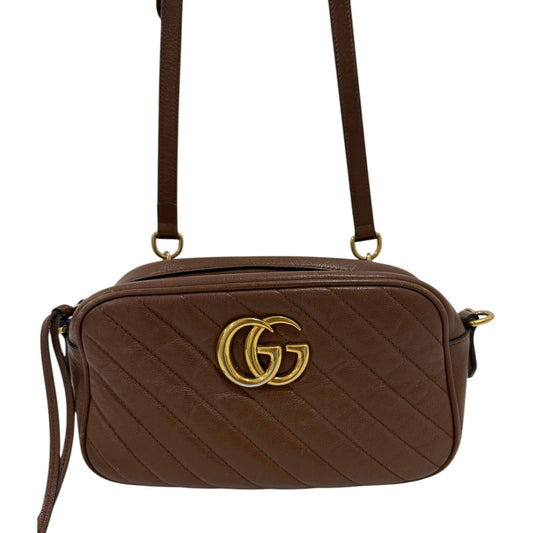 Gucci Calfskin Matelassé GG Marmont Logo Accent Small Shoulder Bag Brown