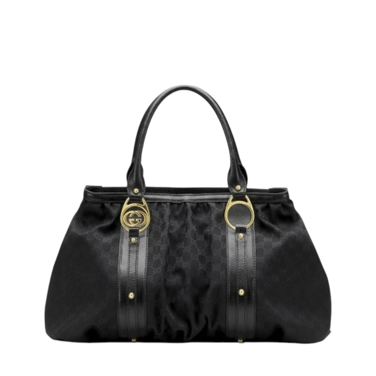 Gucci GG Canvas Boston Hobo Bag Interlocking Logo Leather Trim Black