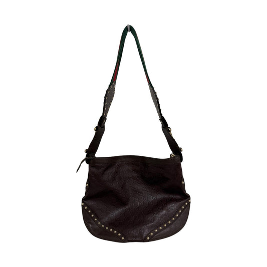Gucci Guccissima Leather GG Signature Studded Pelham Shoulder Bag Dark Brown