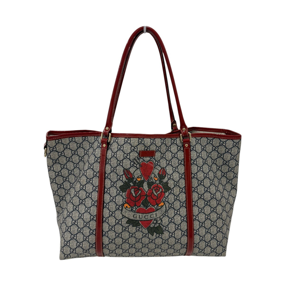 Gucci Heart Tattoo GG Supreme Canvas Patent Leather Joy Tote Bag Grey/Red