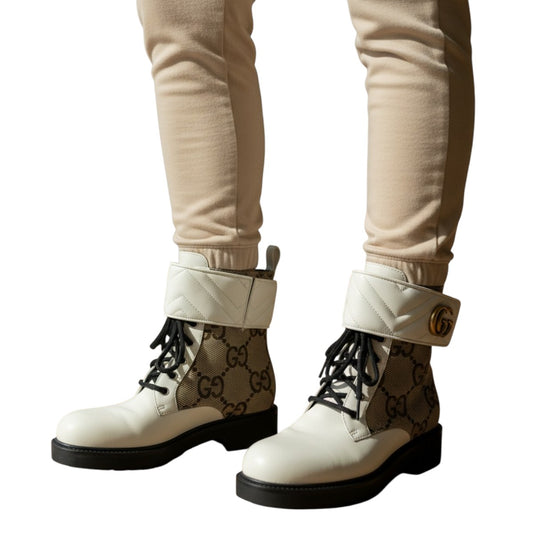 Gucci Leather GG Canvas Logo Plaque Ankle Combat Boots