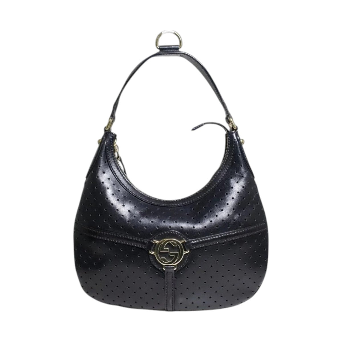 Gucci Perforated Leather GG Interlocking Accent Reins Hobo Bag Black