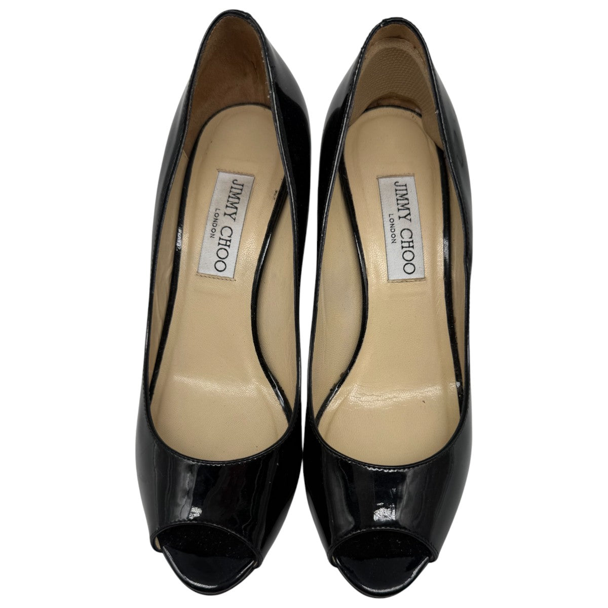 Jimmy Choo Black Patent Leather Peep Toe Wedge Pumps