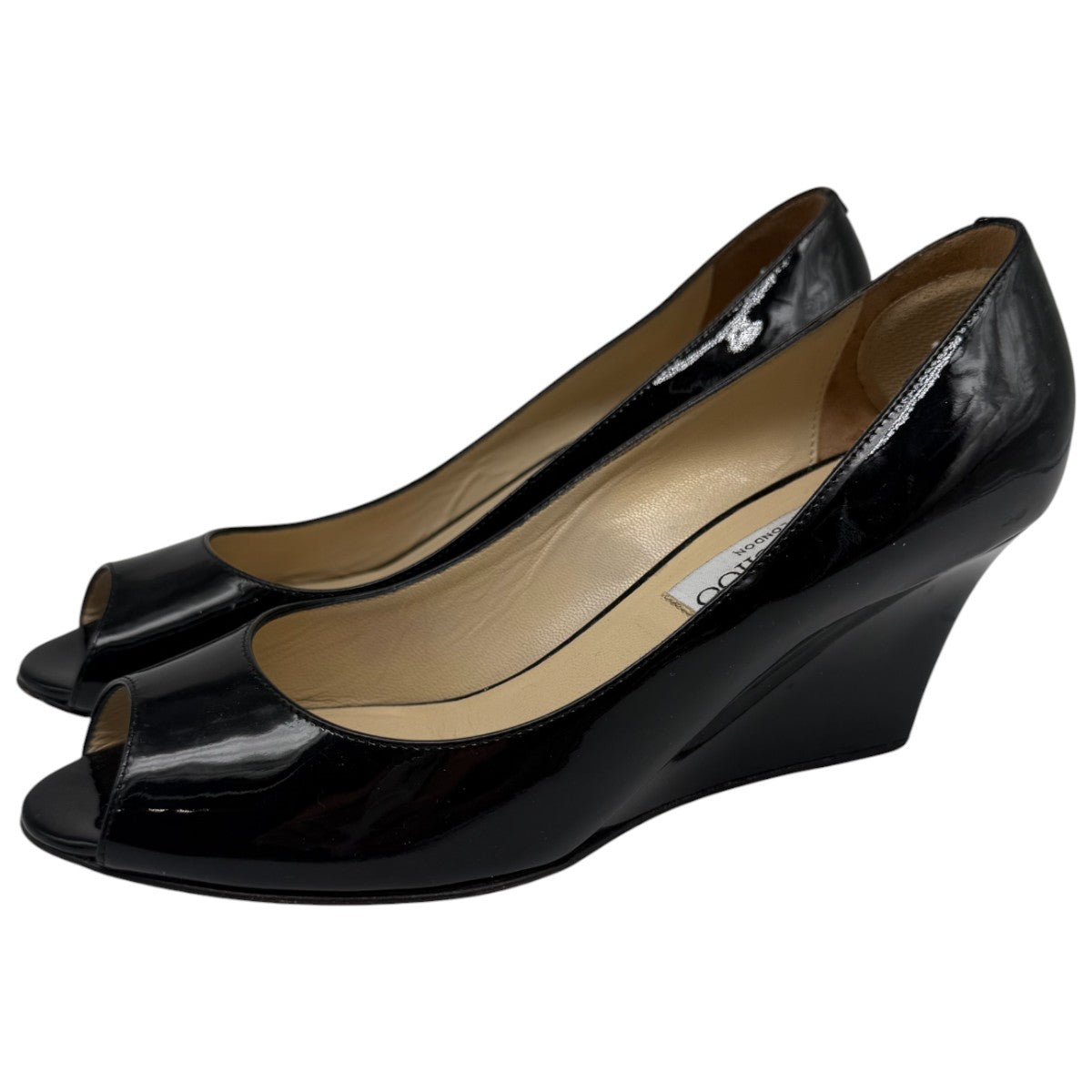Jimmy Choo Black Patent Leather Peep Toe Wedge Pumps