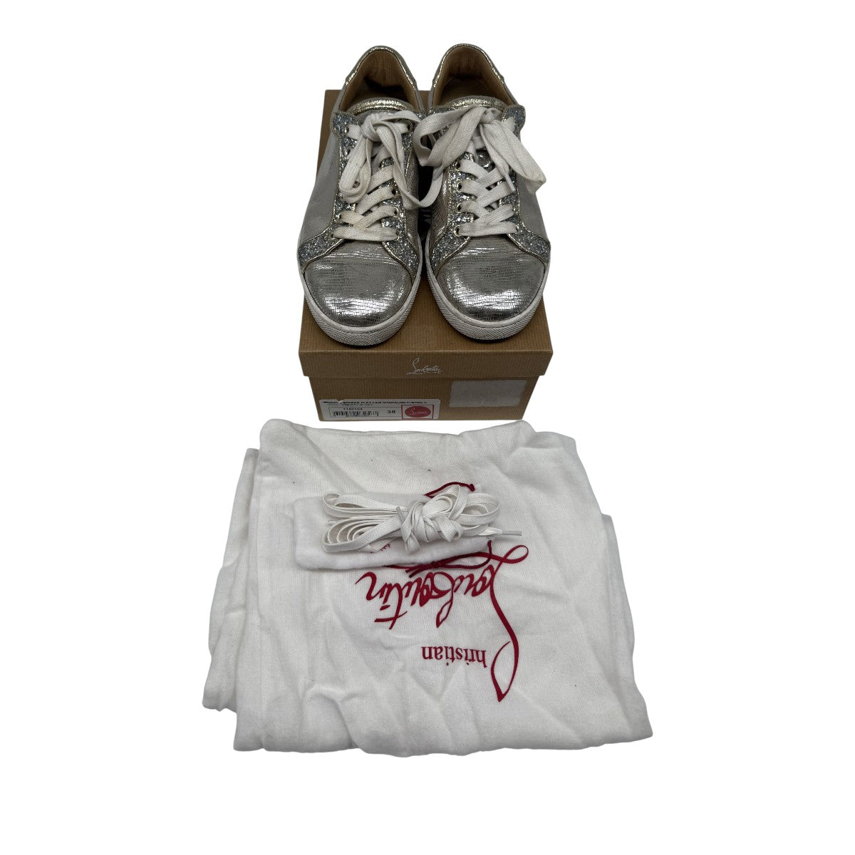 Christian Louboutin Silver Glitter Disco Seava Lace-Up Low Top Sneakers