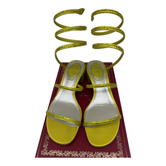 René Caovilla Yellow Silk Satin Rhinestone-Embellished Cloe Sandals