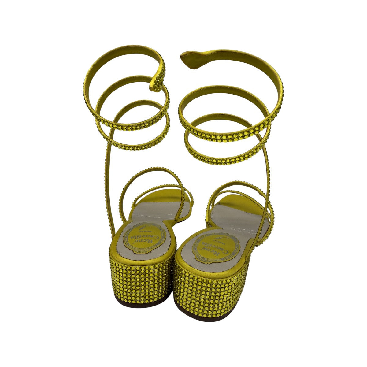 René Caovilla Yellow Silk Satin Rhinestone-Embellished Cloe Sandals