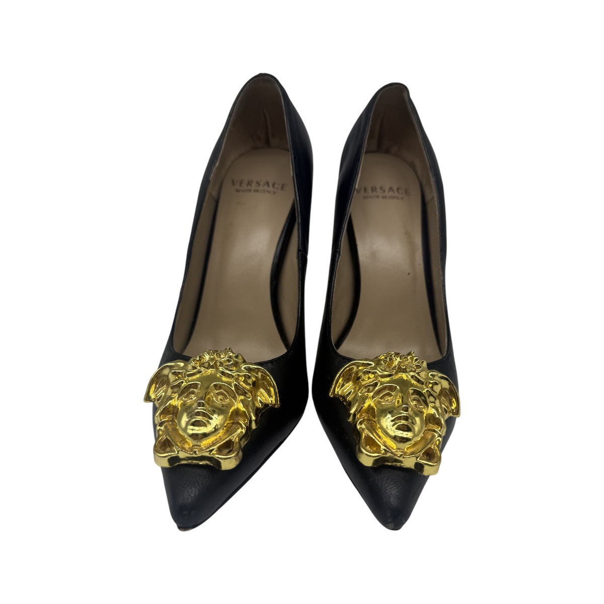 Versace Black Leather La Medusa Embellished Pointed Toe Pumps Heels