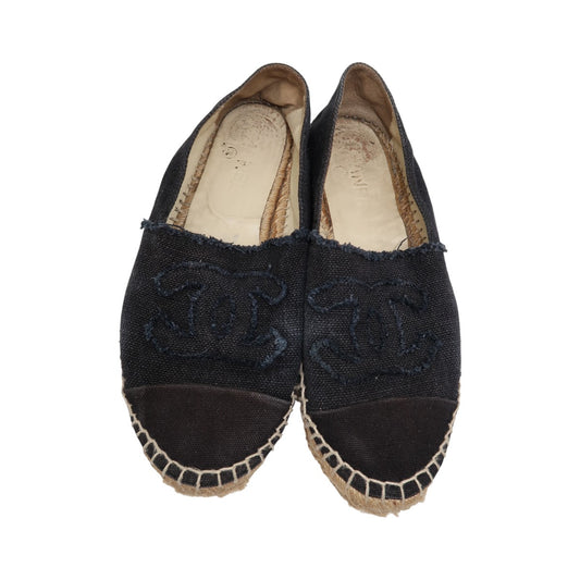 Chanel Black Fabric Interlocking CC Logo Canvas Espadrilles Flats