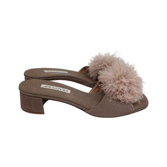 Aquazzura Brown Fabric Fur Trim Slide Sandals