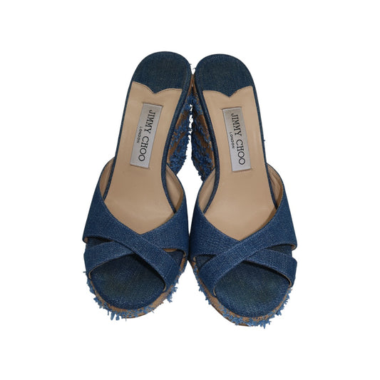 Jimmy Choo Blue Denim Raffia Almer 105 Wedge Sandals