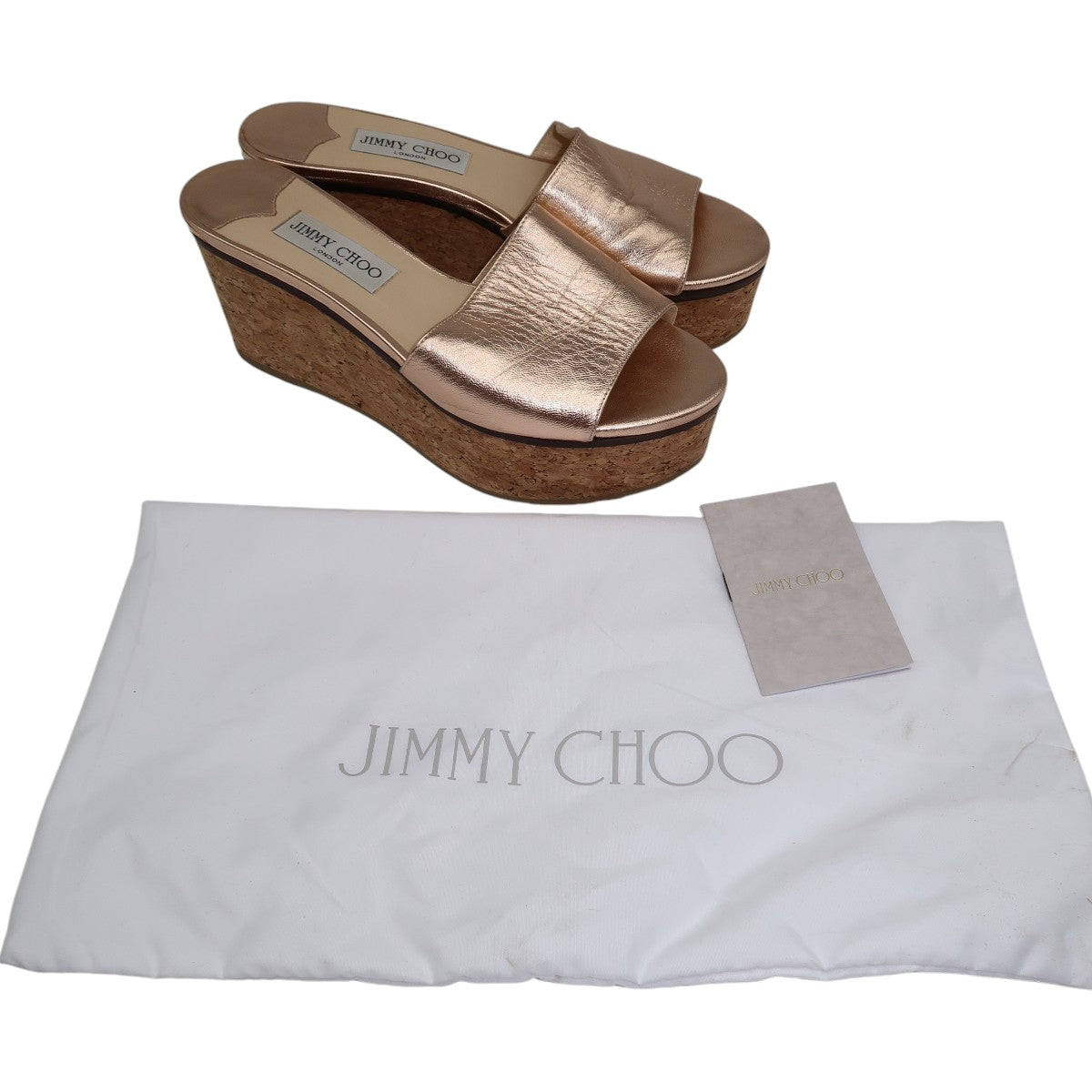 Jimmy Choo Metallic Rose Gold Leather DeeDee Cork Platform Wedge Sandals