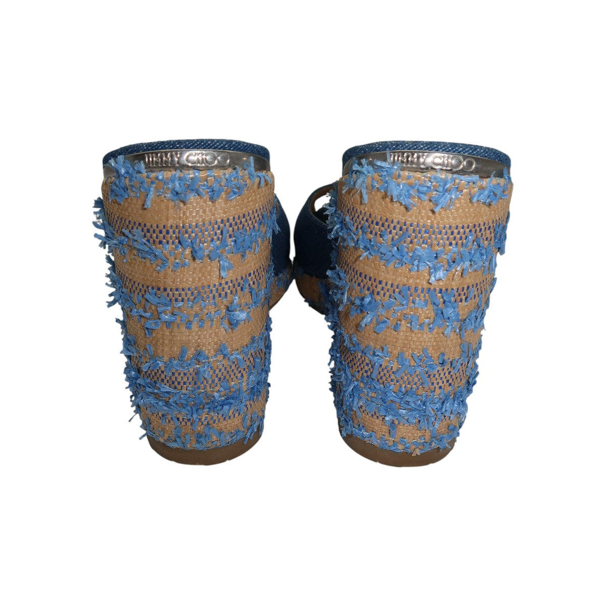 Jimmy Choo Blue Denim Raffia Almer 105 Wedge Sandals