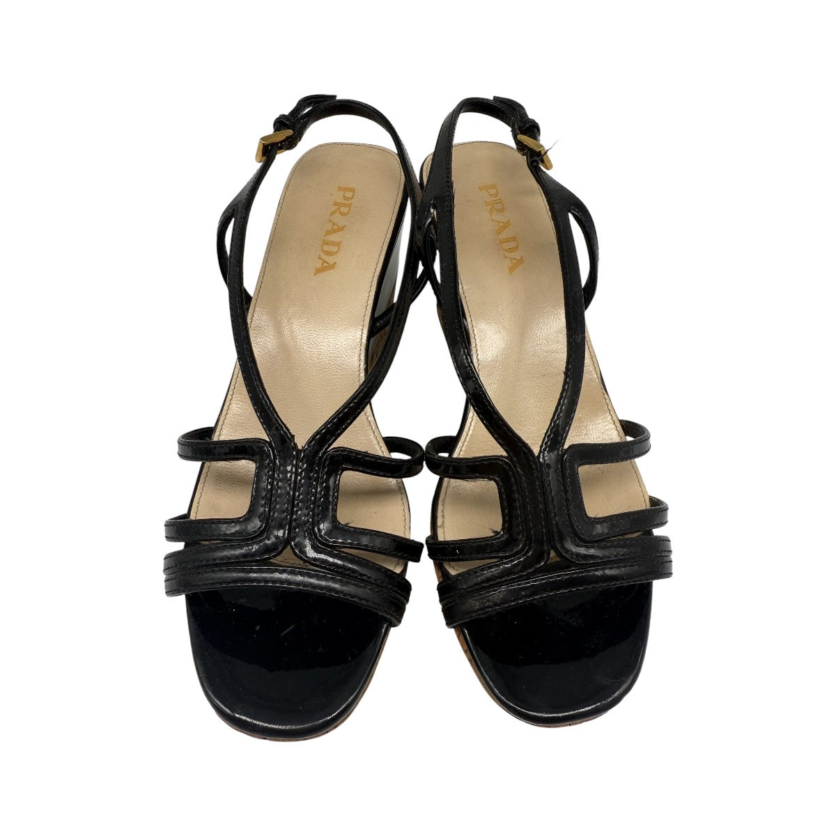 Prada Black Patent Leather Slingback Cork Wedge Platform Sandals