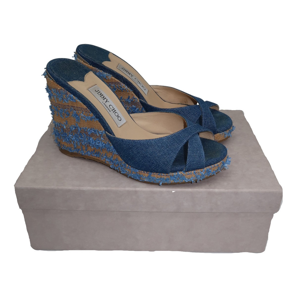 Jimmy Choo Blue Denim Raffia Almer 105 Wedge Sandals