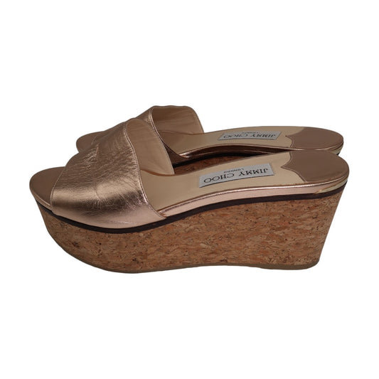 Jimmy Choo Metallic Rose Gold Leather DeeDee Cork Platform Wedge Sandals