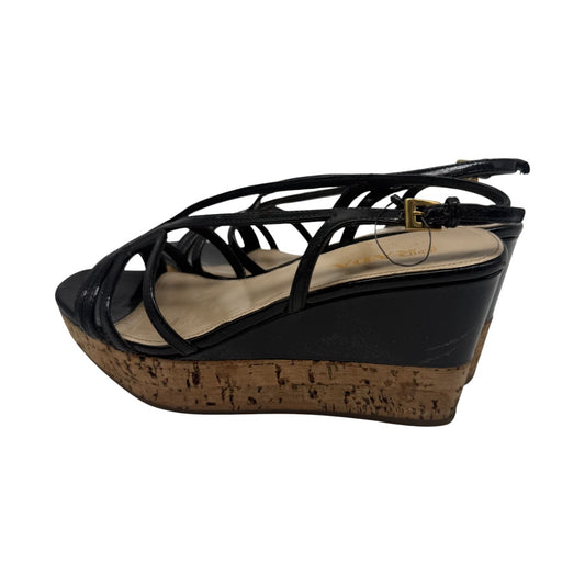 Prada Black Patent Leather Slingback Cork Wedge Platform Sandals