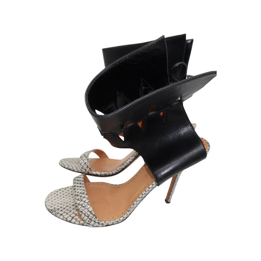 Alexa Wagner Black/White Leather Snake Skin Open Toe Heeled Sandals