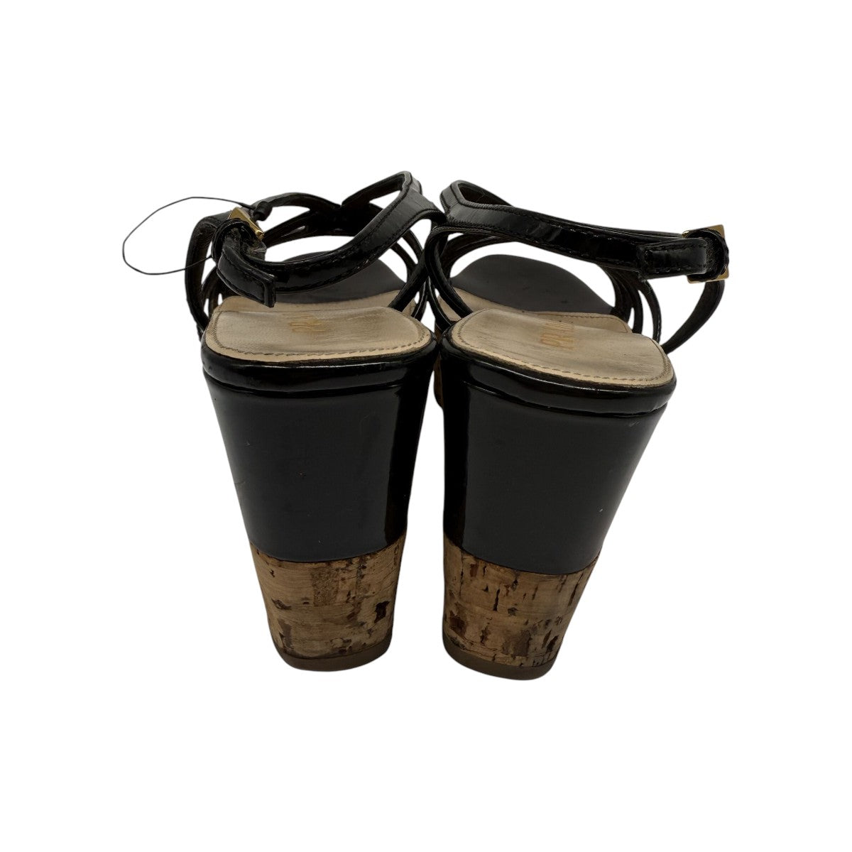 Prada Black Patent Leather Slingback Cork Wedge Platform Sandals