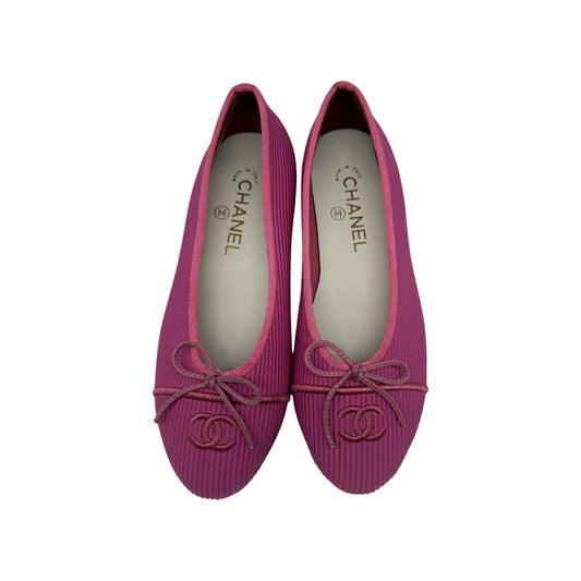 Chanel Pink Fabric Interlocking CC Logo Bow Ballet Flats