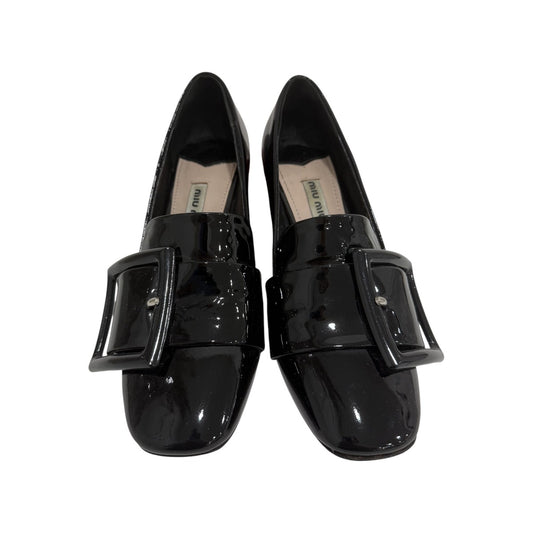 Miu Miu Black Patent Leather Buckle Accents Slip-on Fur Heel Loafers