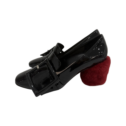 Miu Miu Black Patent Leather Buckle Accents Slip-on Fur Heel Loafers