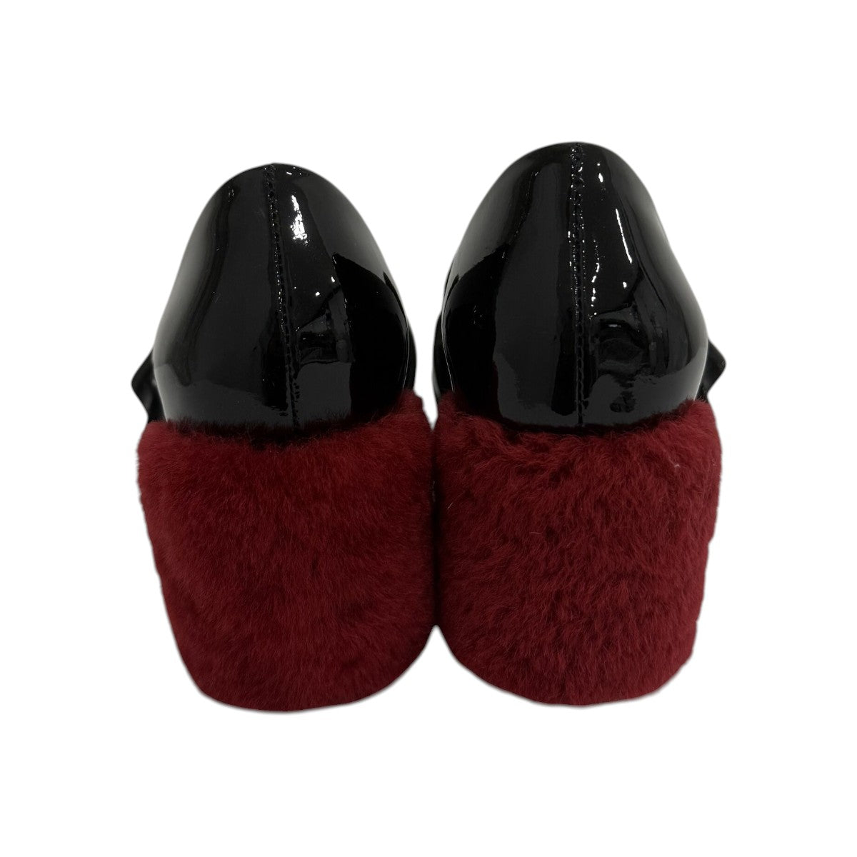 Miu Miu Black Patent Leather Buckle Accents Slip-on Fur Heel Loafers