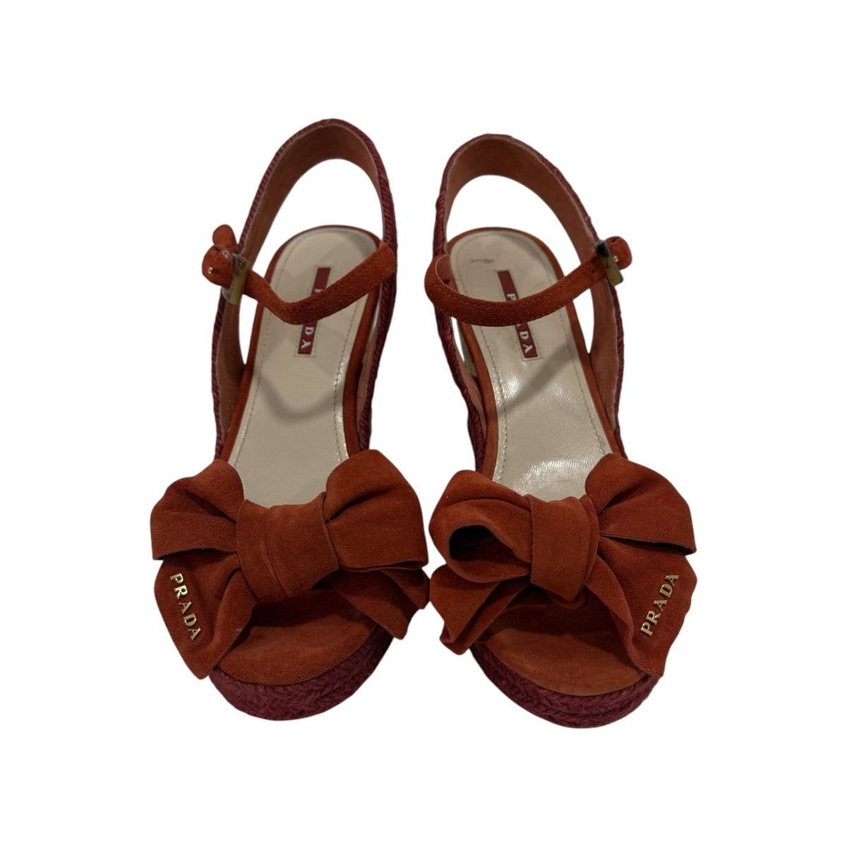 Prada Rust/Brown Suede Bow Logo Accent Wedge Slingback Espadrille Sandals
