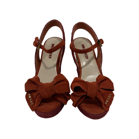 Prada Rust/Brown Suede Bow Logo Accent Wedge Slingback Espadrille Sandals