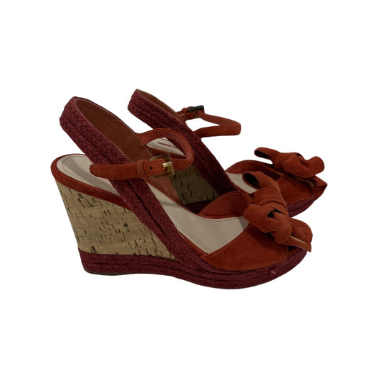 Prada Rust/Brown Suede Bow Logo Accent Wedge Slingback Espadrille Sandals