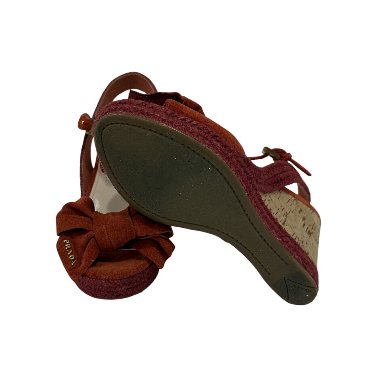 Prada Rust/Brown Suede Bow Logo Accent Wedge Slingback Espadrille Sandals