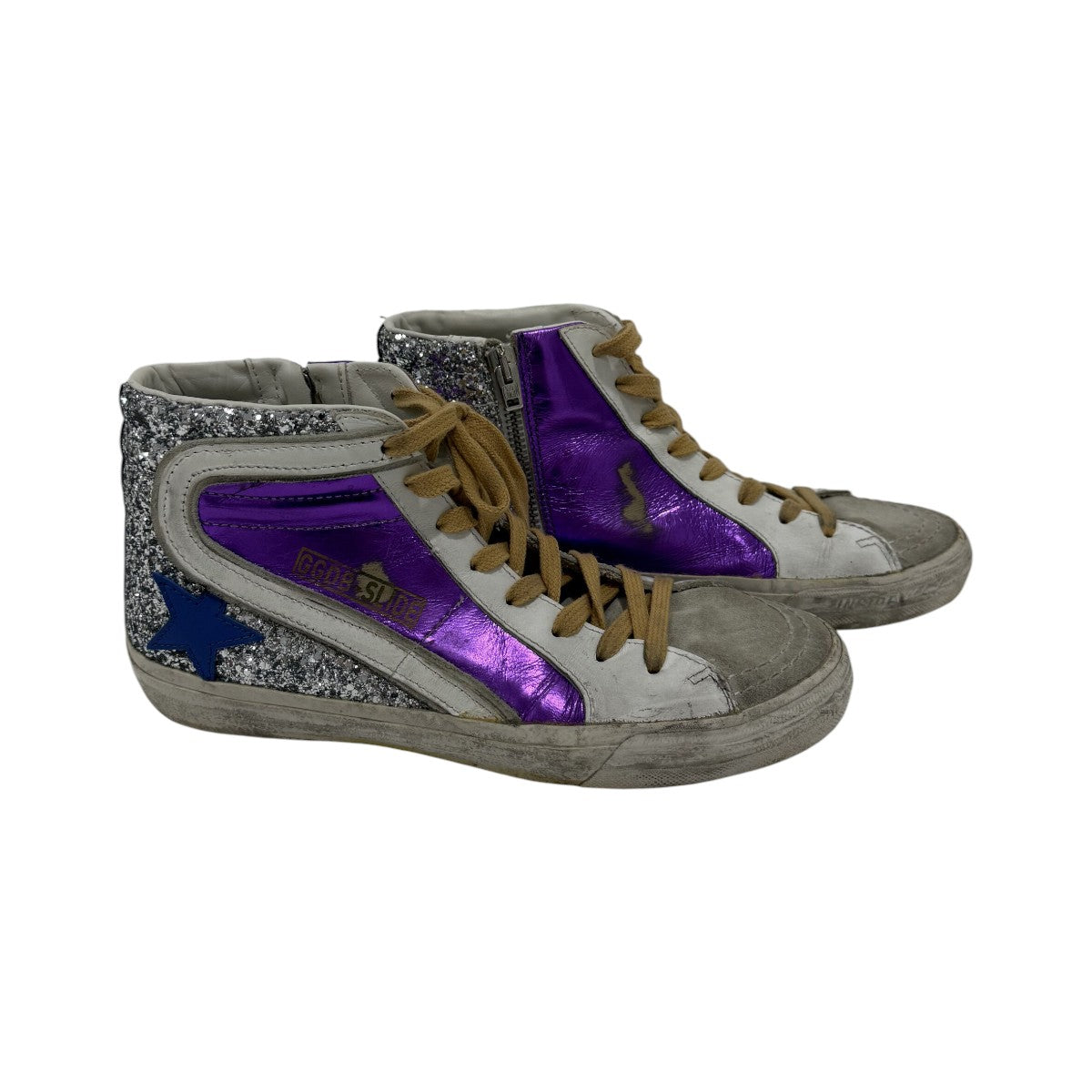 Golden Goose Retro Silver Glitter Metallic Purple High-Top Sneakers