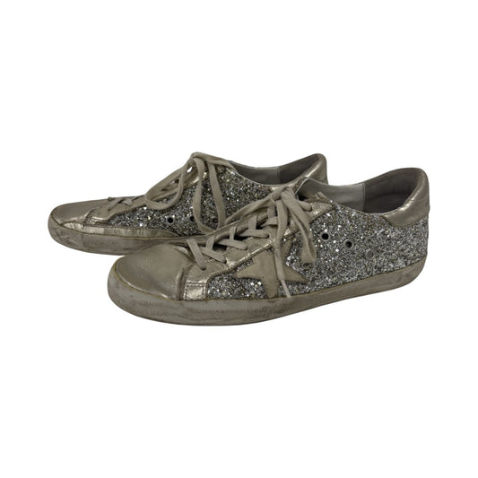 Golden Goose Silver Glitter Suede Superstar Lace Up Sneakers