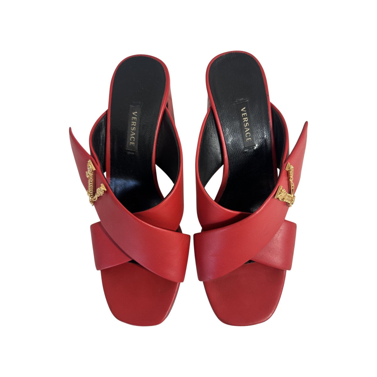 Versace Red Virtus Leather Barocco V Logo Slip-On Mules Heeled Sandals