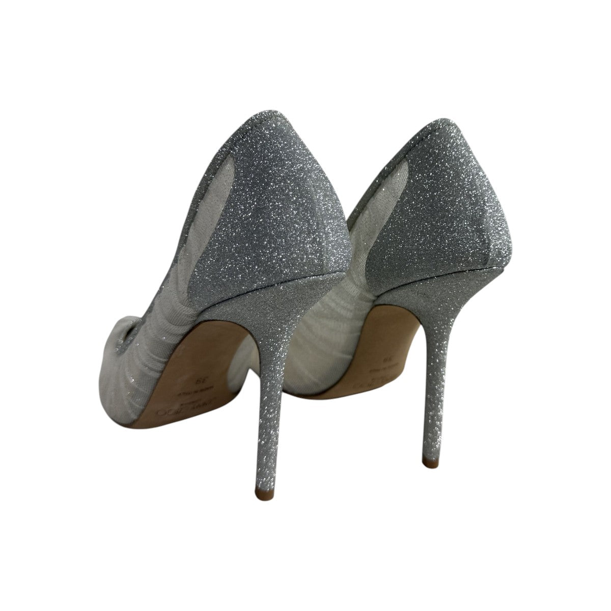 Jimmy Choo Ivory/Silver Glitter Mesh Love 100 Pointed Toe Pump Heels