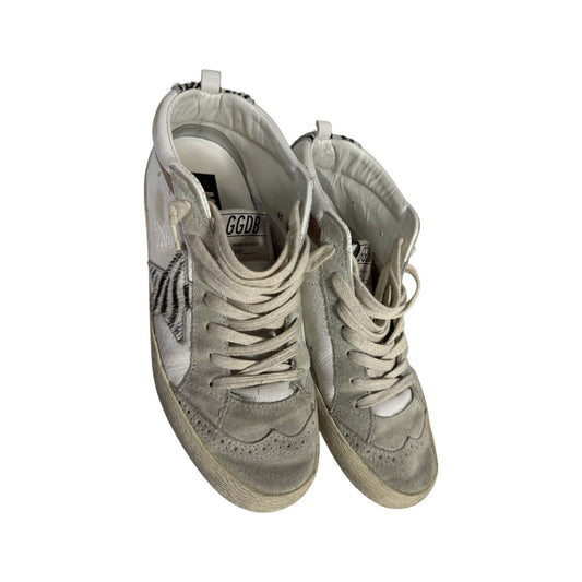 Golden Goose White/Gray Leather Suede Trim Mid Star Zebra Print Sneakers