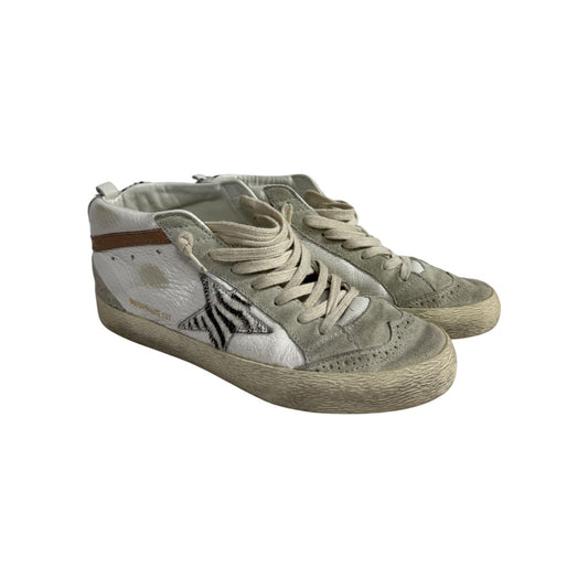Golden Goose White/Gray Leather Suede Trim Mid Star Zebra Print Sneakers