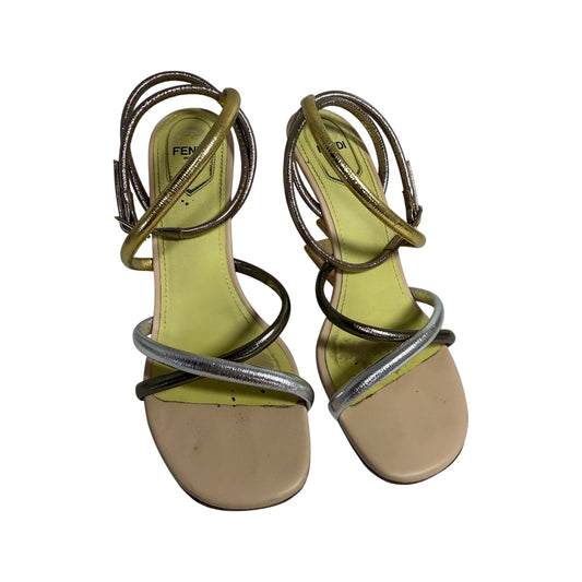 Fendi Gold/Silver Nappa Leather First Strappy F Shape Heel Sandals