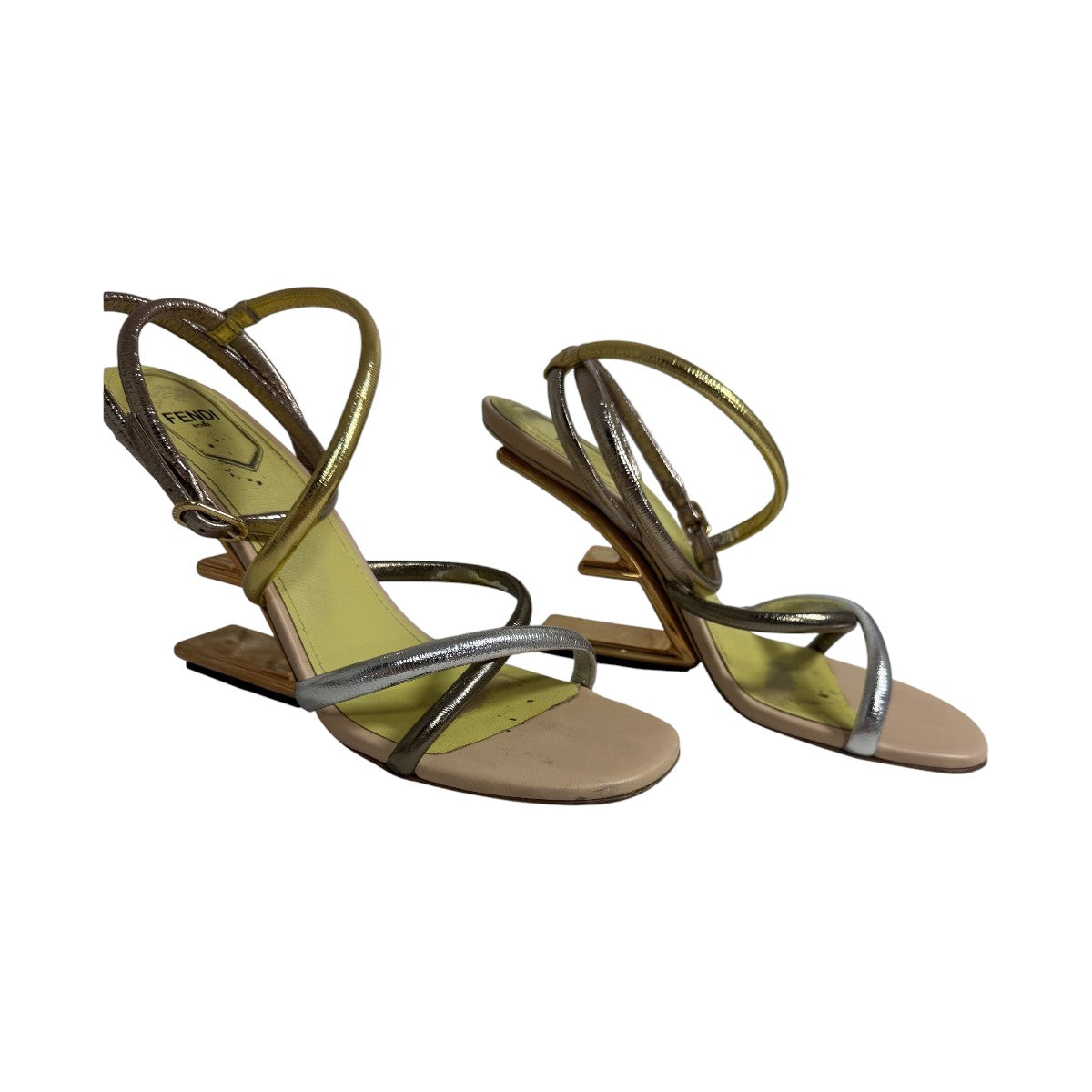 Fendi Gold/Silver Nappa Leather First Strappy F Shape Heel Sandals