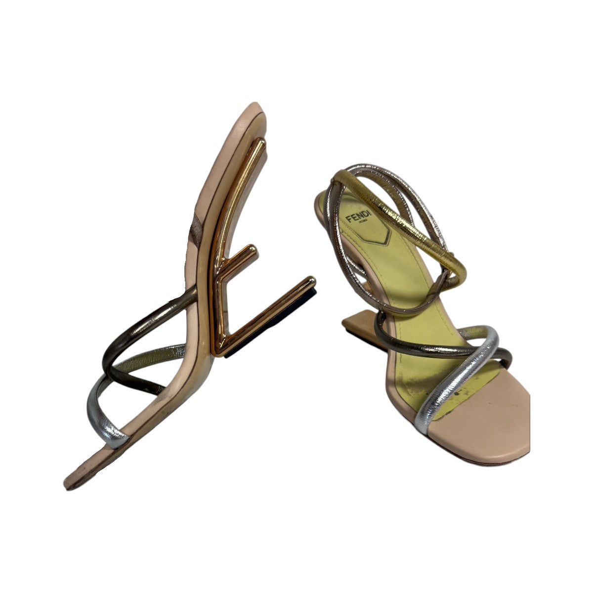 Fendi Gold/Silver Nappa Leather First Strappy F Shape Heel Sandals