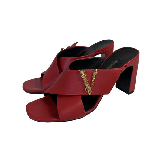 Versace Red Virtus Leather Barocco V Logo Slip-On Mules Heeled Sandals