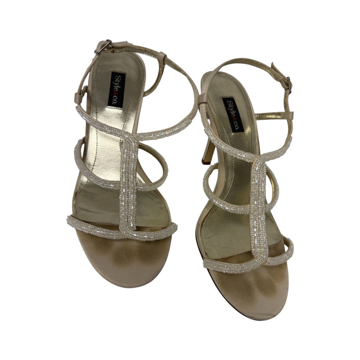 Style & Co. Gold Beaded Accent Open Toe Stiletto Strappy Heels