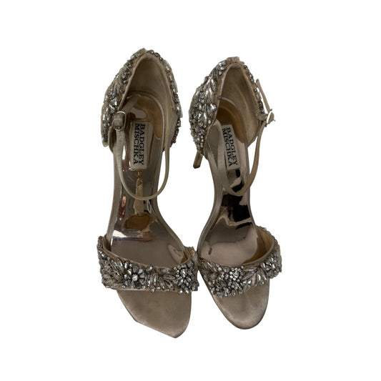 Badgley Mischka Beige Tampa Embellished Open Toe Evening Shoe Heels