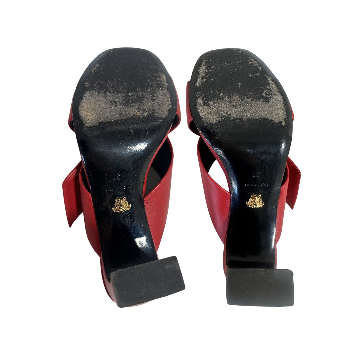 Versace Red Virtus Leather Barocco V Logo Slip-On Mules Heeled Sandals