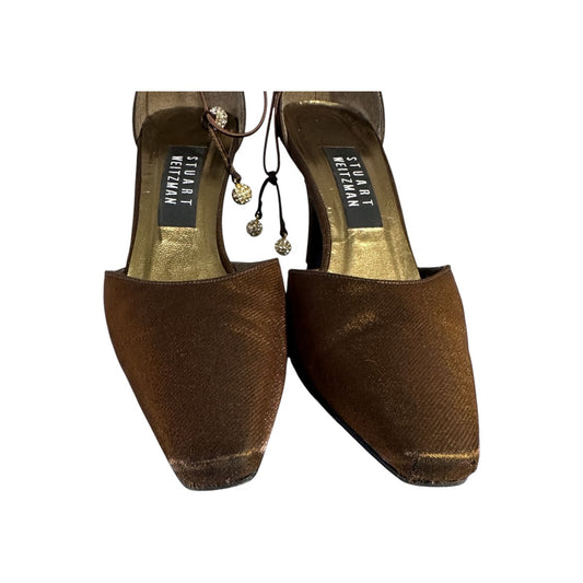 Stuart Weitzman Jezebella Bronze Sparkle Lame Crystals Ankle Strap Heels